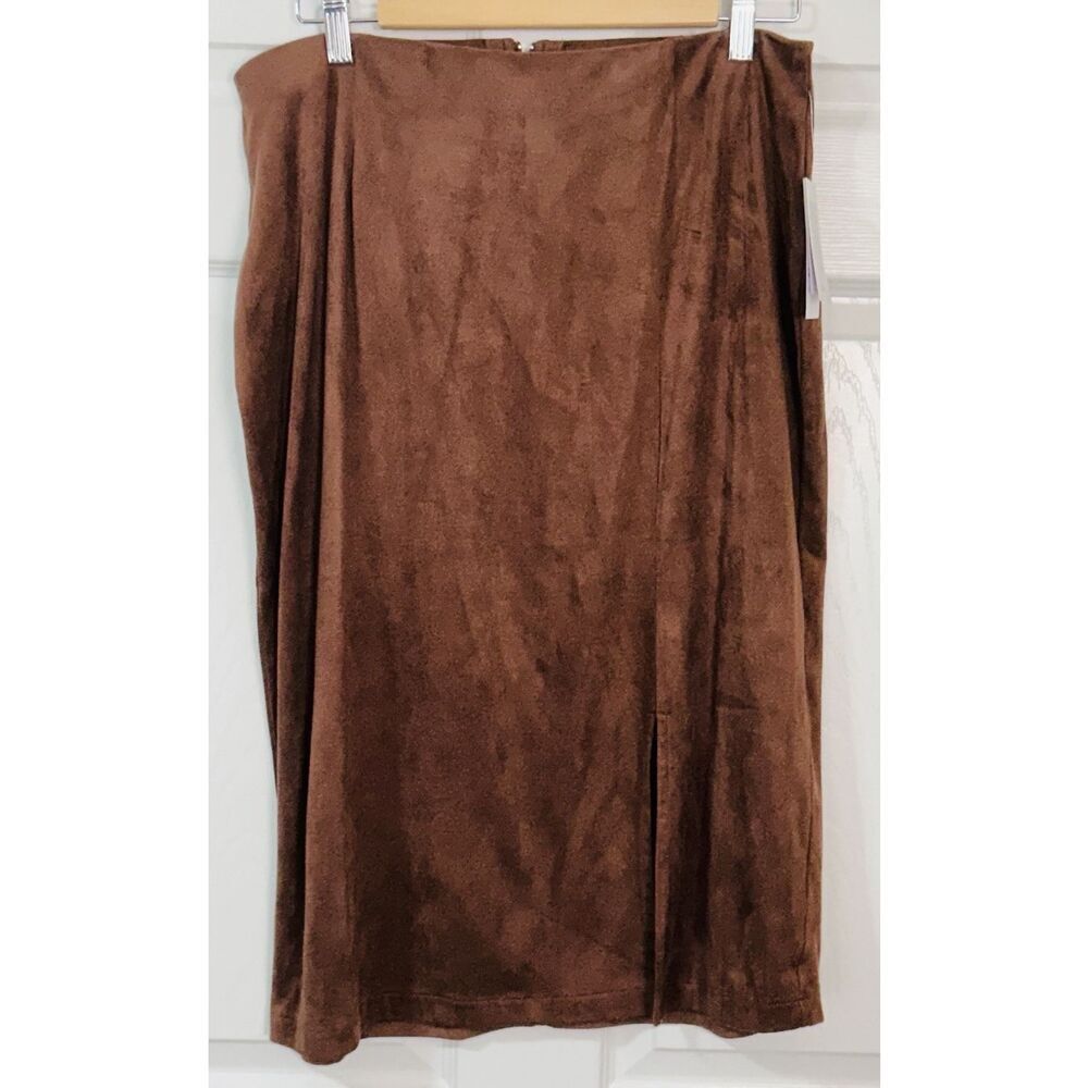 Morgan Taylor Women's XL Sueded Straight Skirt Front Slit Brown Congnac NWT